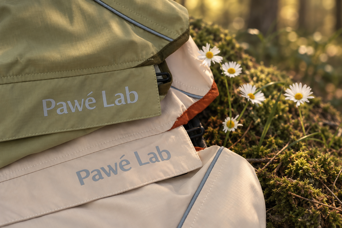 Close-up of sage and cream Pawé Lab coats beside wildflowers