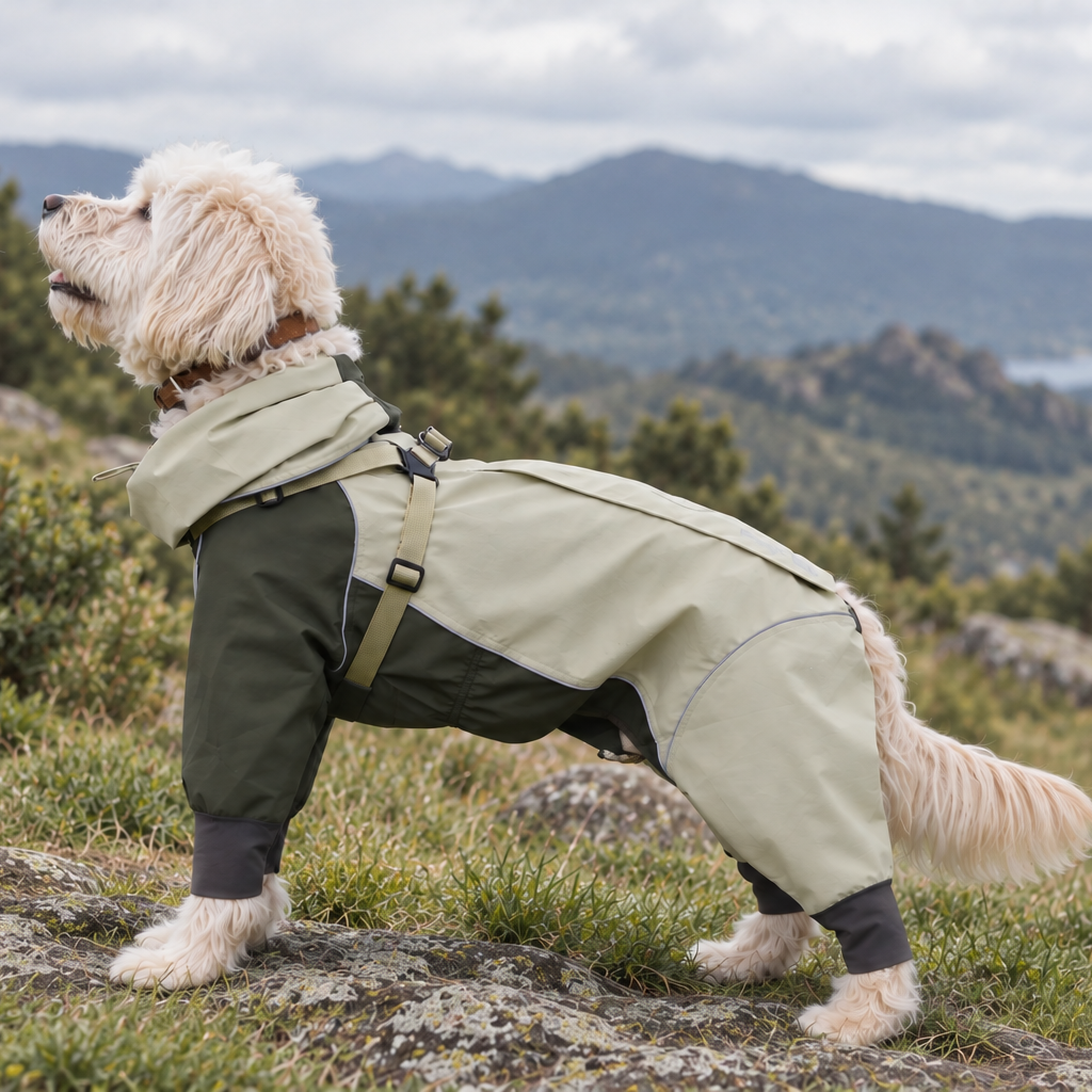 Full side view of olive green dog raincoat
