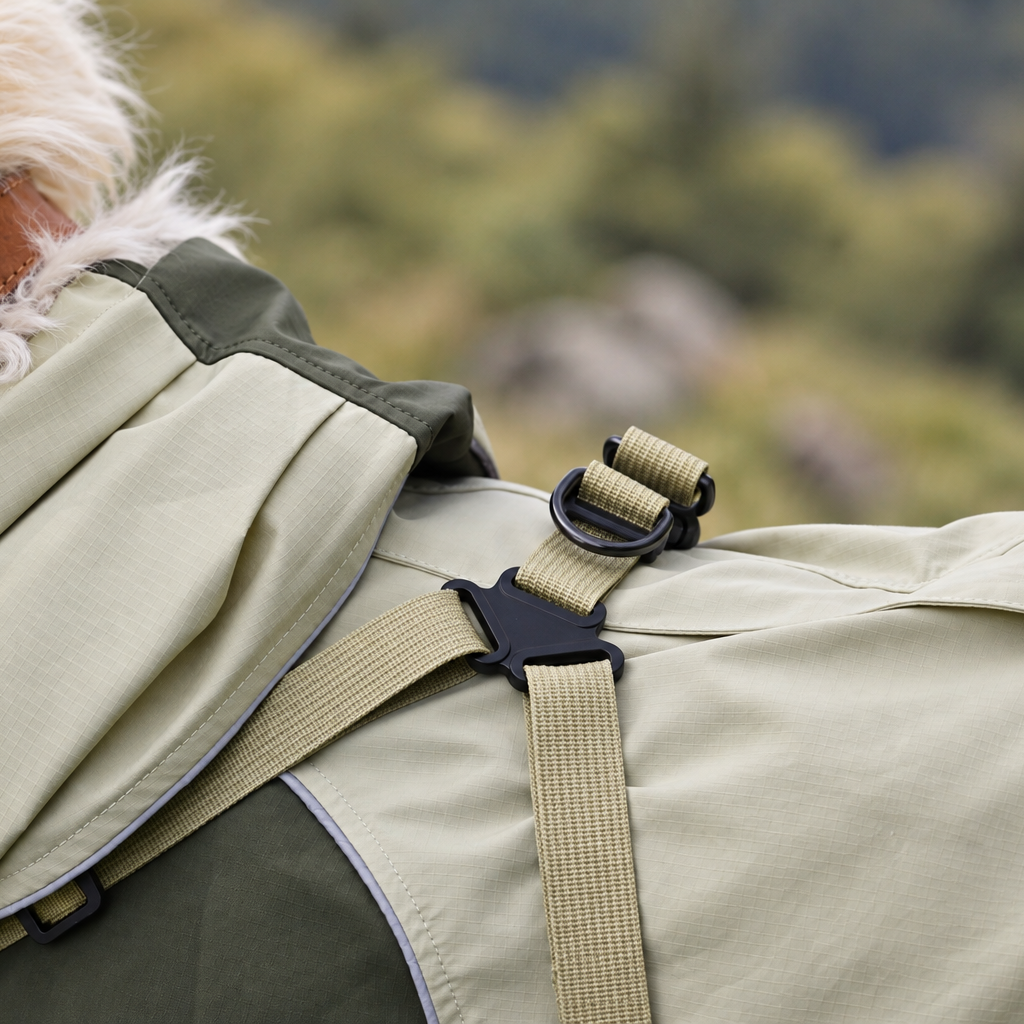 Adjustable strap detail on the olive green dog raincoat