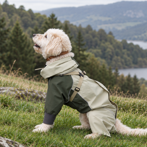 Olive green dog raincoat on a dog overlooking a mountain lake