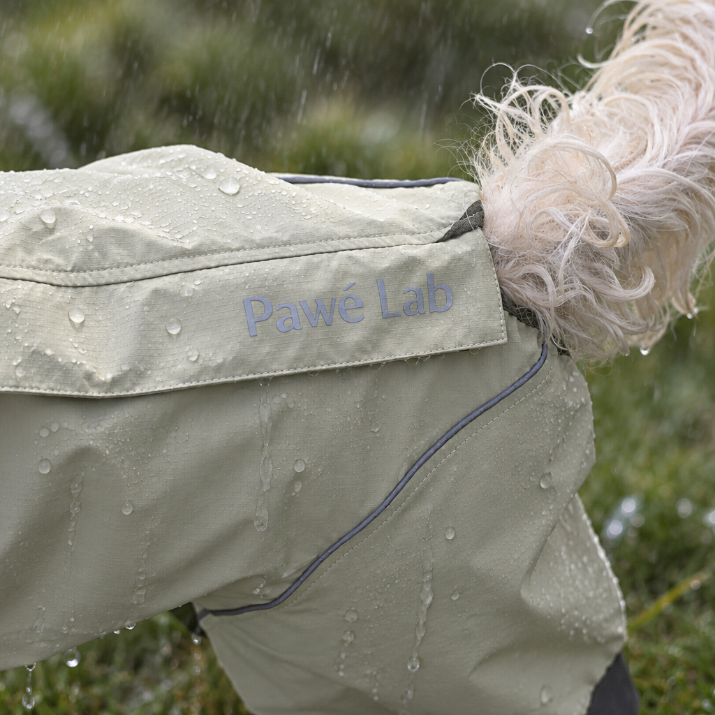 Pawé Lab olive green dog raincoat in the rain