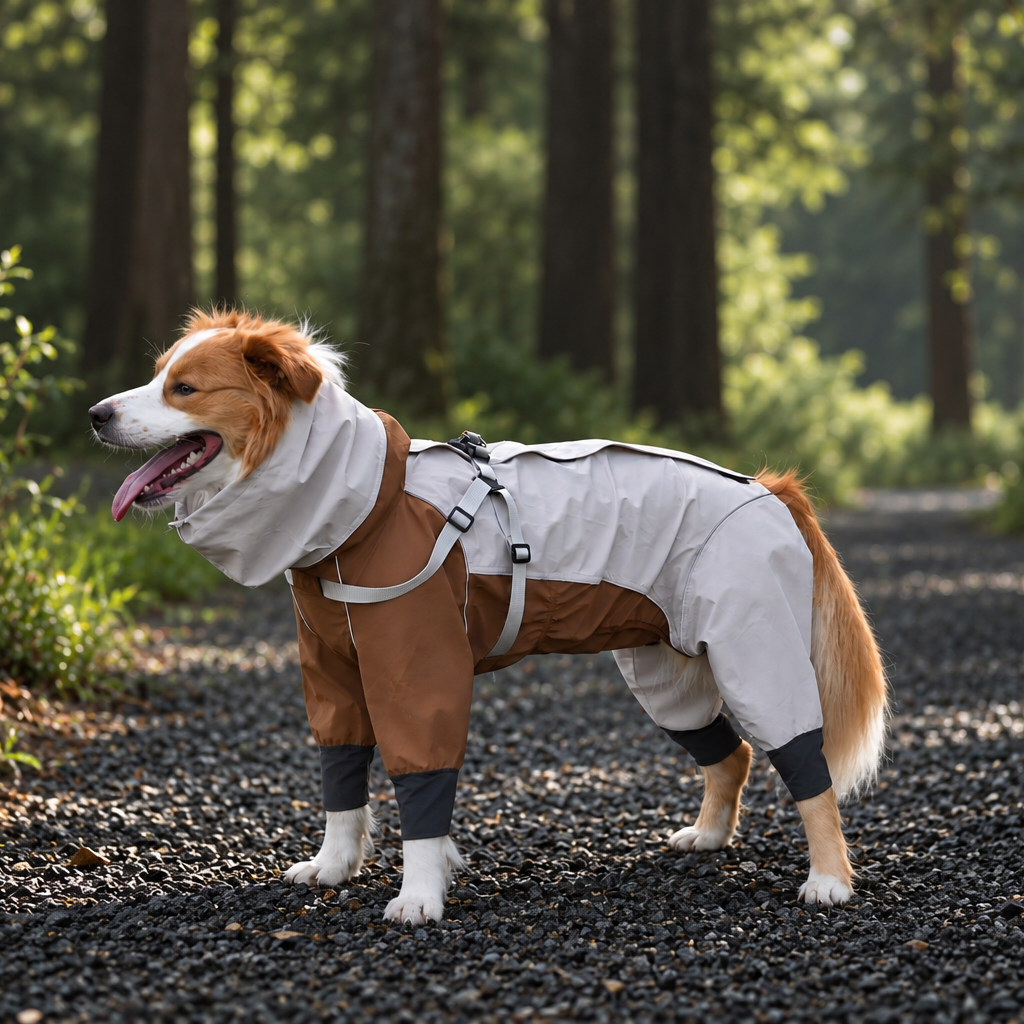 Brown and cream Pawé Lab dog raincoat, side view