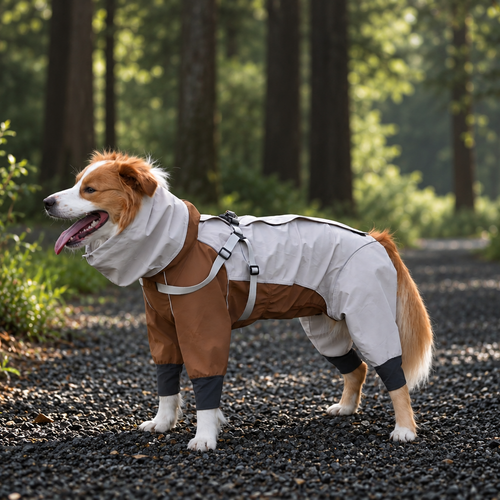 Brown and cream Pawé Lab dog raincoat, side view