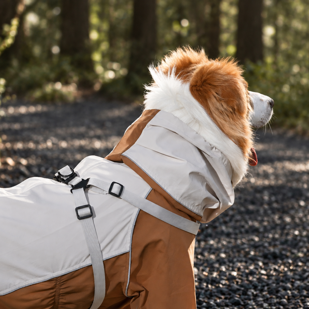 Adjustable straps and hood detail on brown dog raincoat