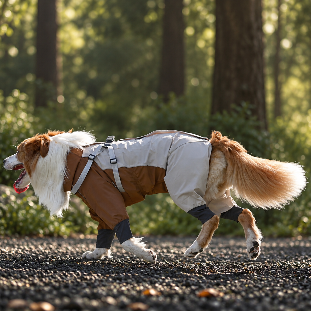 Dog walking in brown and cream all-terrain raincoat