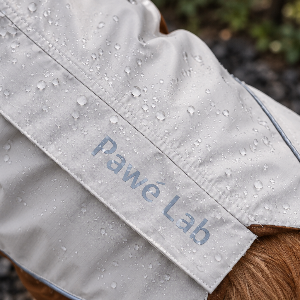 Pawé Lab logo and water-beading fabric detail