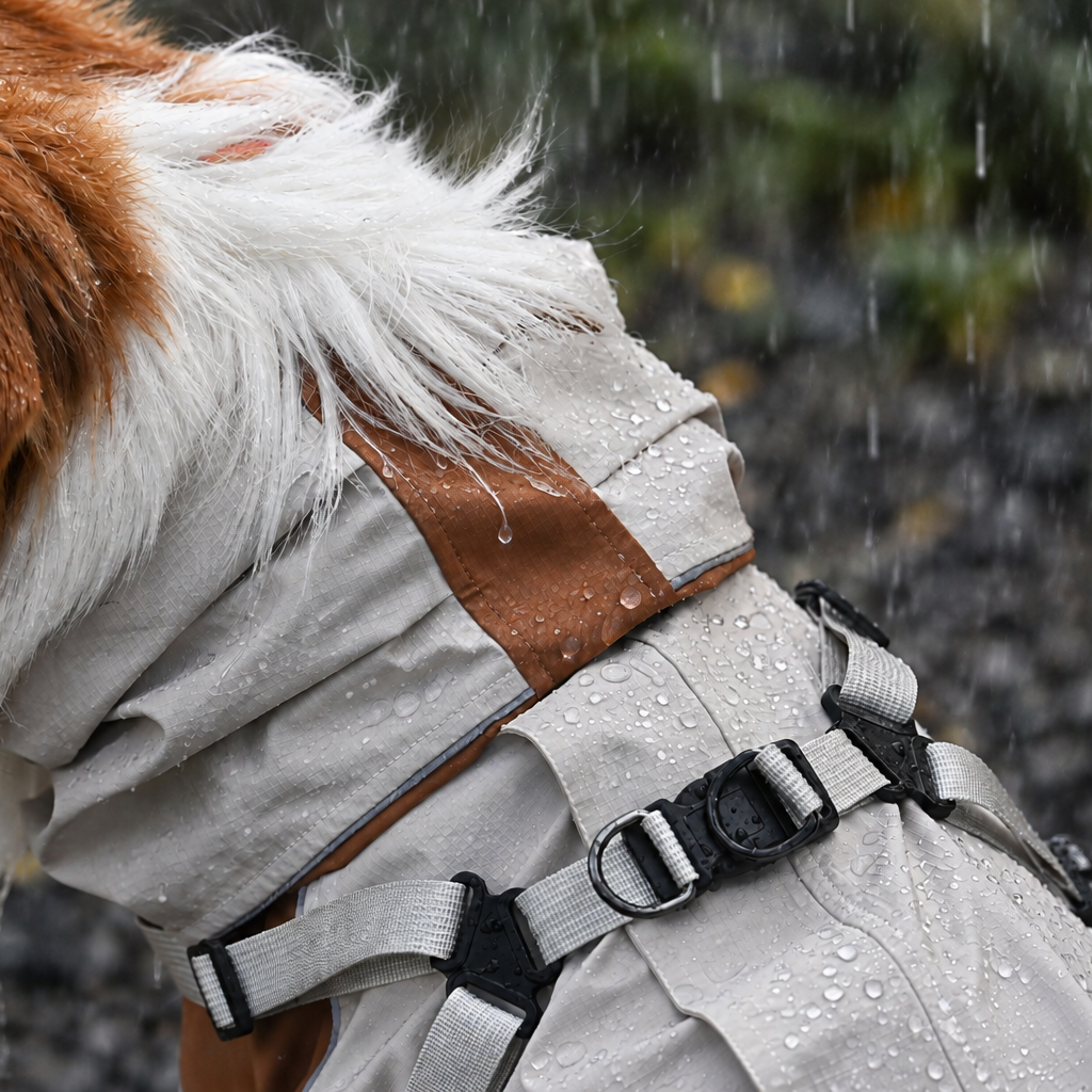 Rainproof hood and leash attachment detail