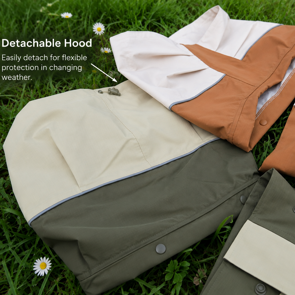 Olive green and brown raincoats showing detachable hood