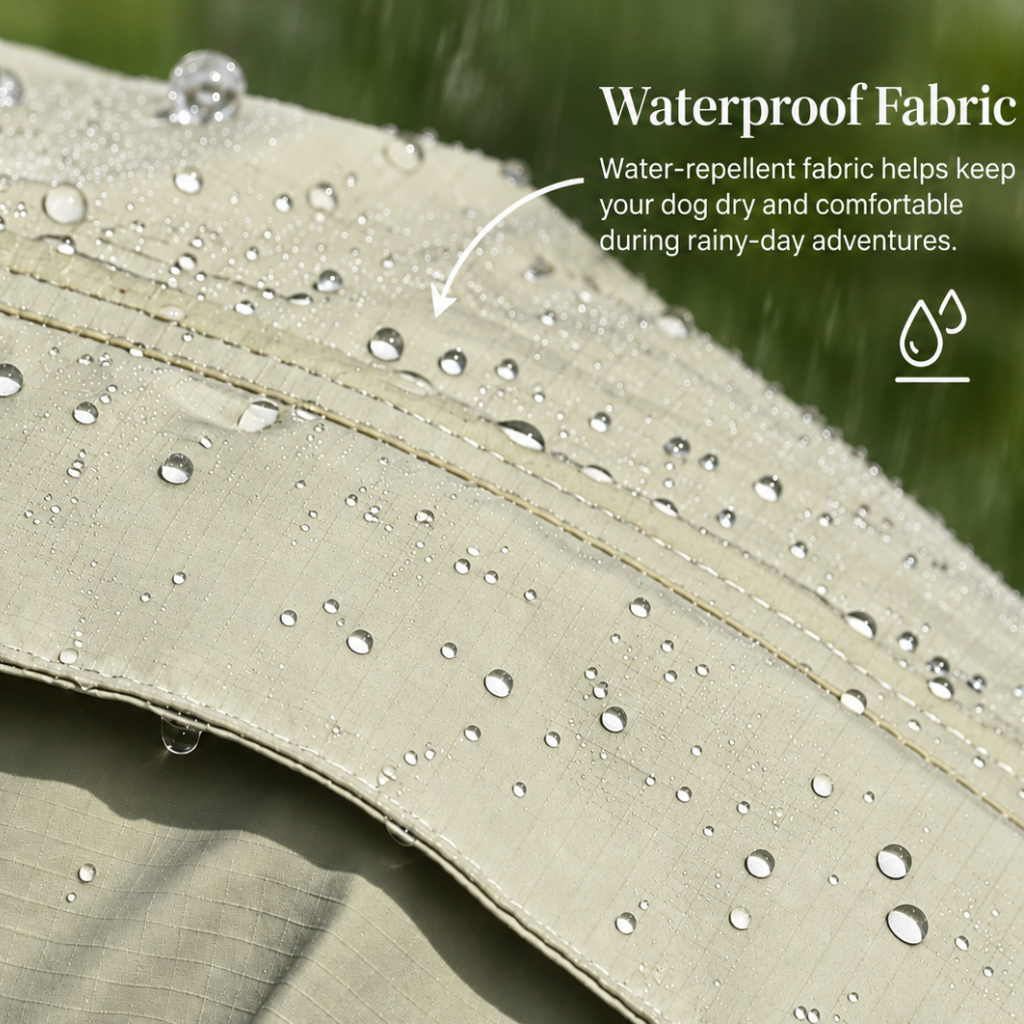 Waterproof fabric with water droplets beading on the raincoat